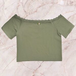 Planet Heart Sage Green Women’s Crop Top with Pink Rose Accent & Lace Trim